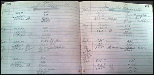 Ledger in Julia Pedroncelli's hand, wages for John and Jim Pedroncelli