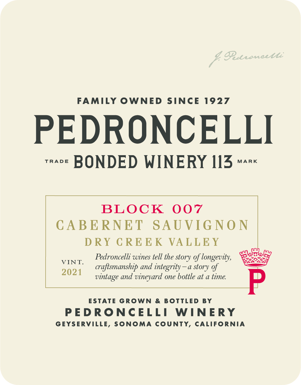 2021 Block 007 Cabernet Sauvignon_Pedroncelli Single Vineyard_front label.jpg